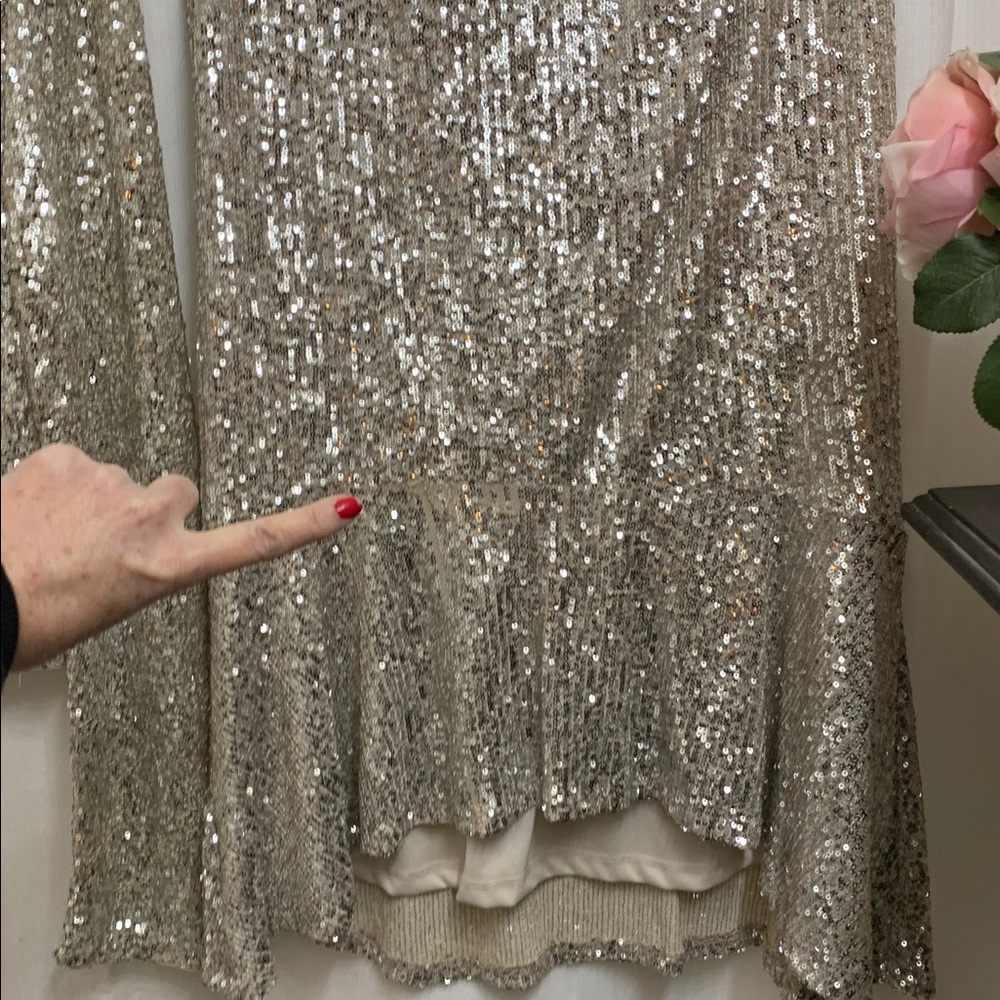 Champagne Sequin Set Elegant Matching Long Sleeve Blouse & Midi Skirt - Picture 7 of 10